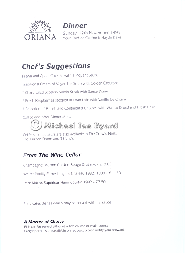 Oriana Dinner Menu example